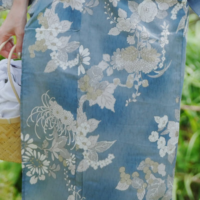 浴衣3点セット（浴衣/帯/下駄） utatane ゆかた フリーサイズ（身長155-165cm）鈍ミントに糸菊と花（5010213111）