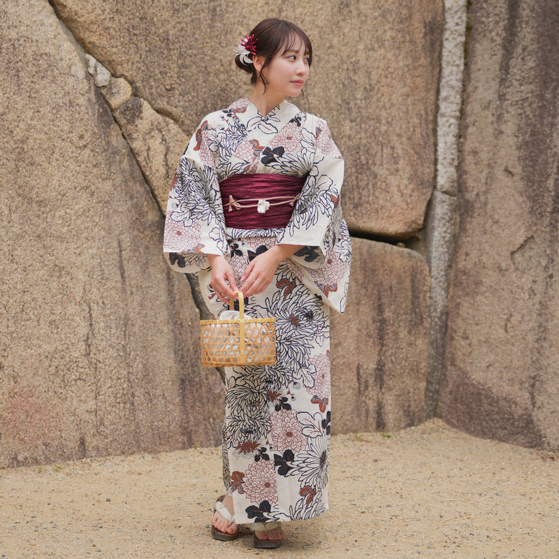 浴衣3点セット（浴衣/帯/下駄） utatane フリーサイズ（身長155-165cm）ブラウンの菊づくし（5010219711）