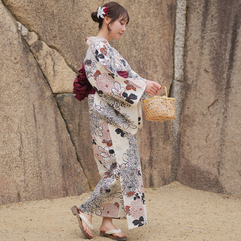 浴衣3点セット（浴衣/帯/下駄） utatane フリーサイズ（身長155-165cm）ブラウンの菊づくし（5010219711）