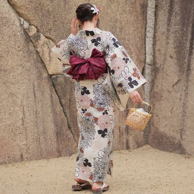 浴衣3点セット（浴衣/帯/下駄） utatane フリーサイズ（身長155-165cm）ブラウンの菊づくし（5010219711）