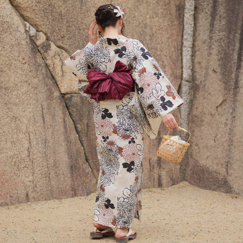 浴衣3点セット（浴衣/帯/下駄） utatane フリーサイズ（身長155-165cm）ブラウンの菊づくし（5010219711）