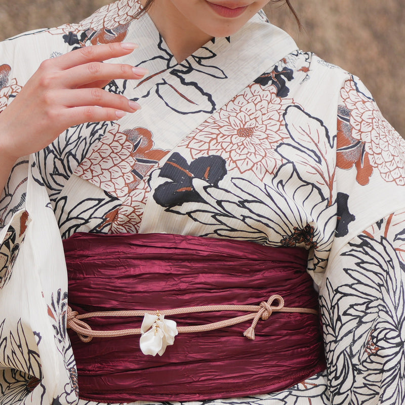 浴衣3点セット（浴衣/帯/下駄） utatane フリーサイズ（身長155-165cm）ブラウンの菊づくし（5010219711）