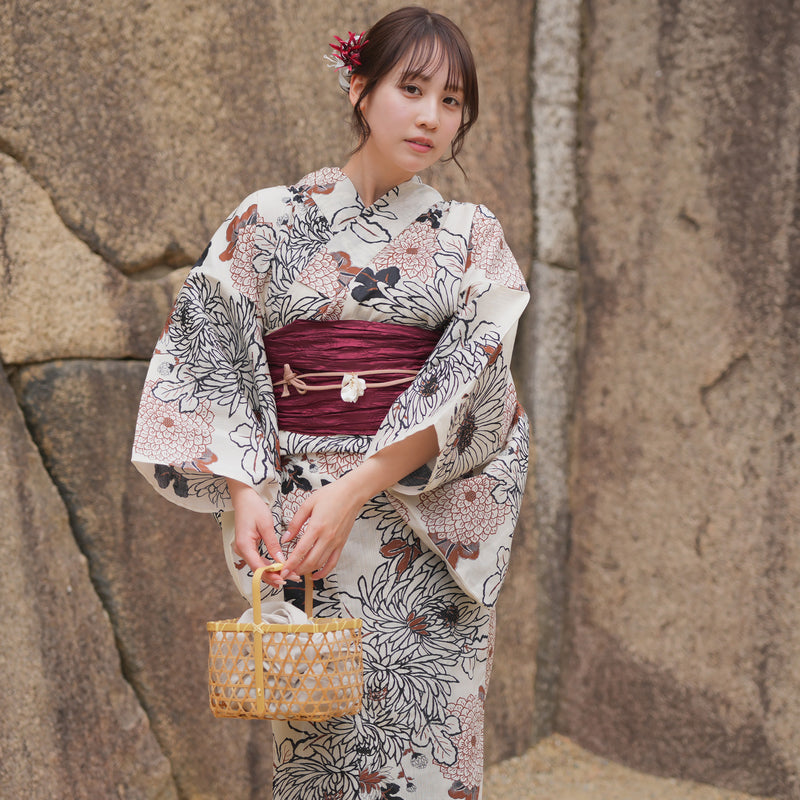 浴衣3点セット（浴衣/帯/下駄） utatane フリーサイズ（身長155-165cm）ブラウンの菊づくし（5010219711）