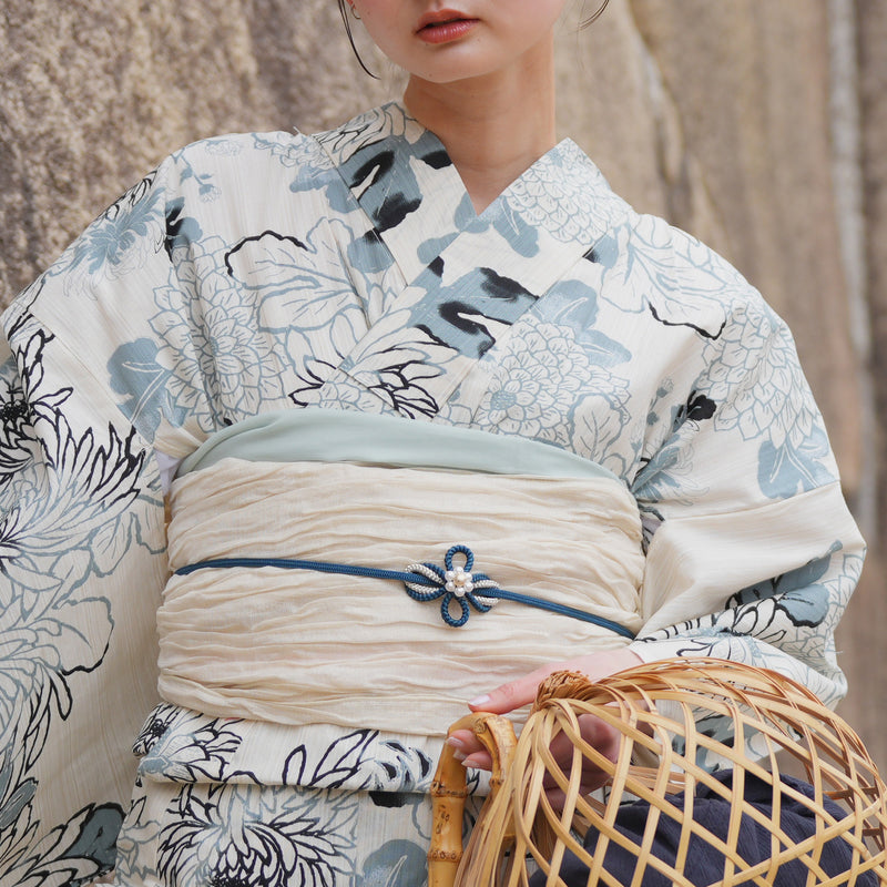 浴衣3点セット（浴衣/帯/下駄） utatane TL トールサイズ（身長165-175cm）グレイッシュブルーの菊づくし（5012220011）