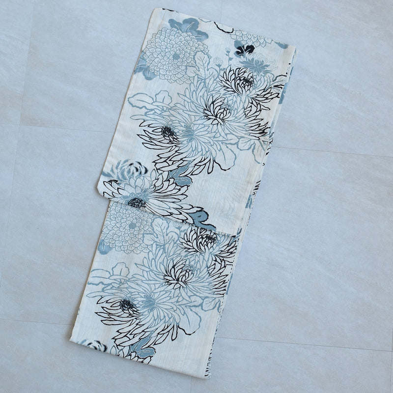 浴衣3点セット（浴衣/帯/下駄） utatane フリーサイズ（身長155-165cm）グレイッシュブルーの菊づくし（5010220011）