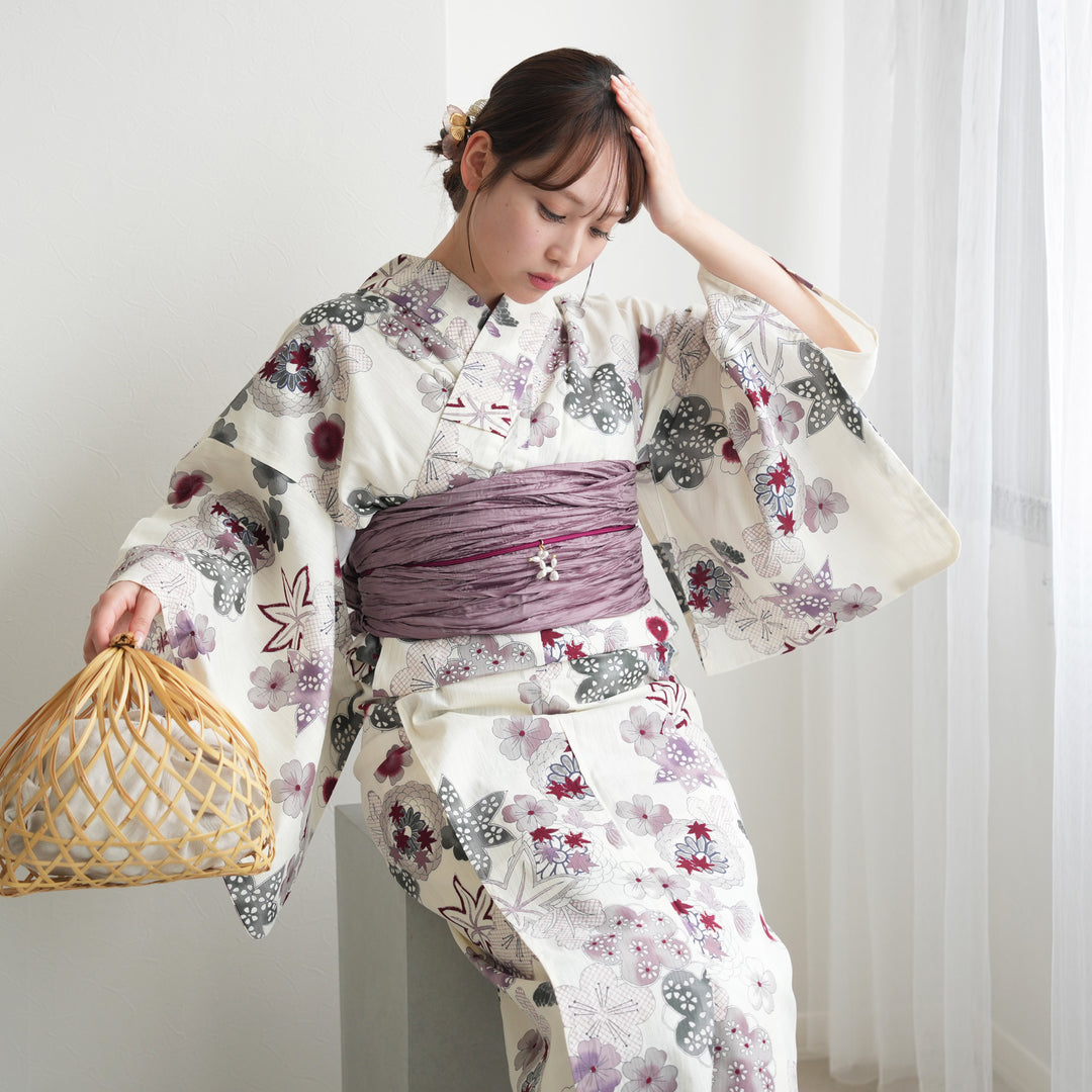 Kao⭐︎utatamne 浴衣3点セット　赤とミントのぽんぽん菊 utatane｜utatane/(W)高級変わり織り浴衣3点セット 赤とミントの