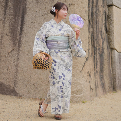 浴衣3点セット（浴衣/帯/下駄） utatane TL トールサイズ（身長165-175cm）ベージュにはんなり糸菊（5012220511）