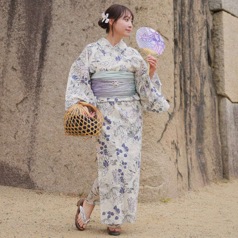 浴衣3点セット（浴衣/帯/下駄） utatane TL トールサイズ（身長165-175cm）ベージュにはんなり糸菊（5012220511）