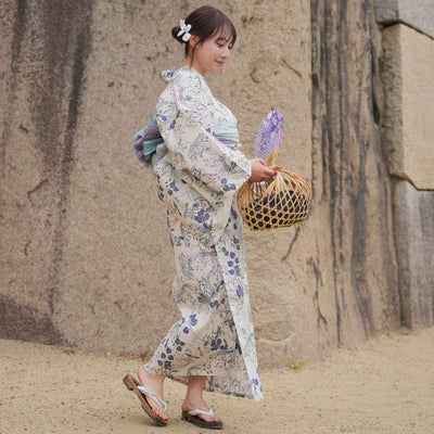 浴衣3点セット（浴衣/帯/下駄） utatane TL トールサイズ（身長165-175cm）ベージュにはんなり糸菊（5012220511）