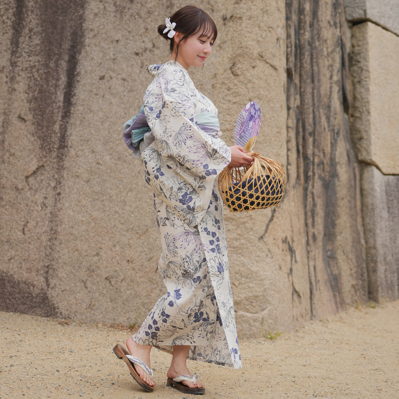 浴衣3点セット（浴衣/帯/下駄） utatane TL トールサイズ（身長165-175cm）ベージュにはんなり糸菊（5012220511）