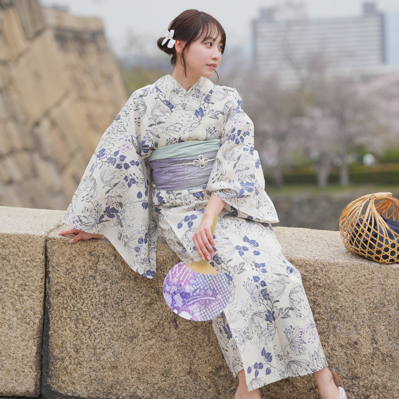 浴衣3点セット（浴衣/帯/下駄） utatane TL トールサイズ（身長165-175cm）ベージュにはんなり糸菊（5012220511）