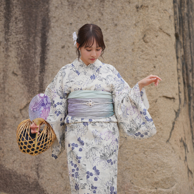 浴衣3点セット（浴衣/帯/下駄） utatane TL トールサイズ（身長165-175cm）ベージュにはんなり糸菊（5012220511）