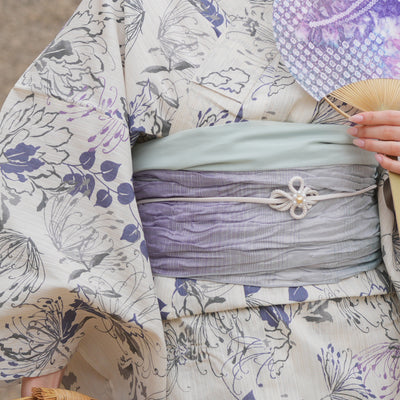 浴衣3点セット（浴衣/帯/下駄） utatane TL トールサイズ（身長165-175cm）ベージュにはんなり糸菊（5012220511）