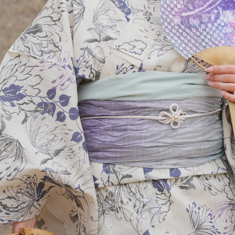 浴衣3点セット（浴衣/帯/下駄） utatane TL トールサイズ（身長165-175cm）ベージュにはんなり糸菊（5012220511）