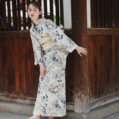 浴衣3点セット（浴衣/帯/下駄） utatane フリーサイズ（身長155-165cm）先染めベージュ風にみずみずしい糸菊（5010220811）