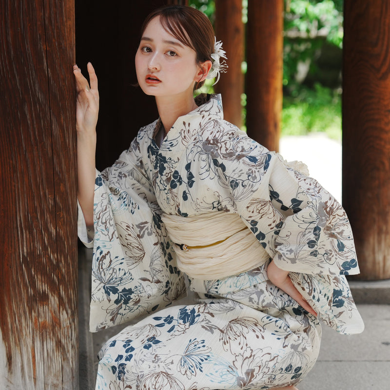 浴衣3点セット（浴衣/帯/下駄） utatane フリーサイズ（身長155-165cm）先染めベージュ風にみずみずしい糸菊（5010220811）