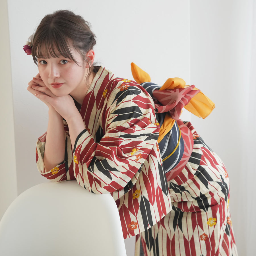 大人ゆかた◆最高級【綿麻浴衣】幾何学草花モダン浴衣◆着物としても着用可 浴衣 単品 大きいサイズ 綿麻 高級浴衣 レディース 女性浴衣