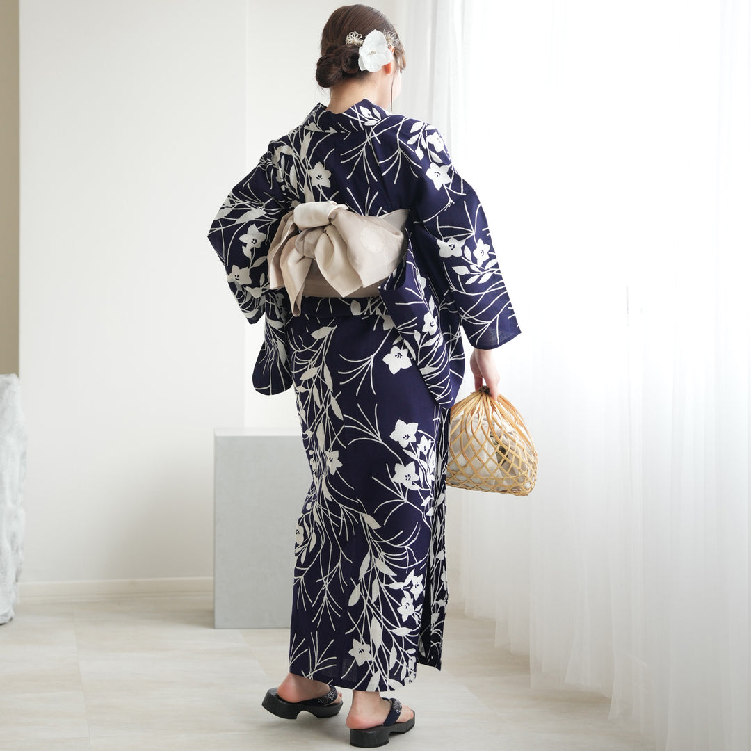 utatane × 注染工房 浴衣3点セット ( ゆかた・帯・下駄 ) 紺地に桔梗
