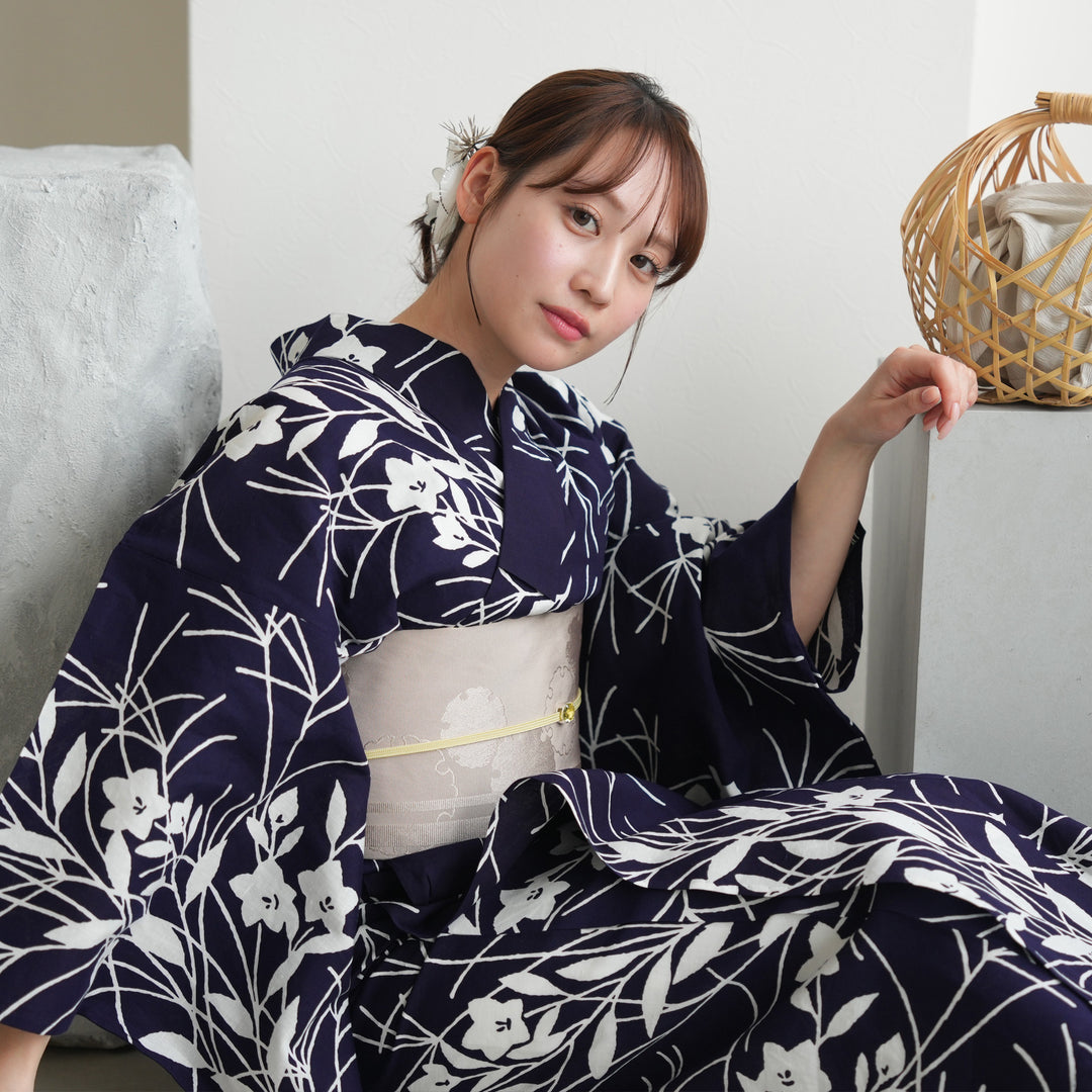 utatane × 注染工房 浴衣3点セット ( ゆかた・帯・下駄 ) 紺地に桔梗