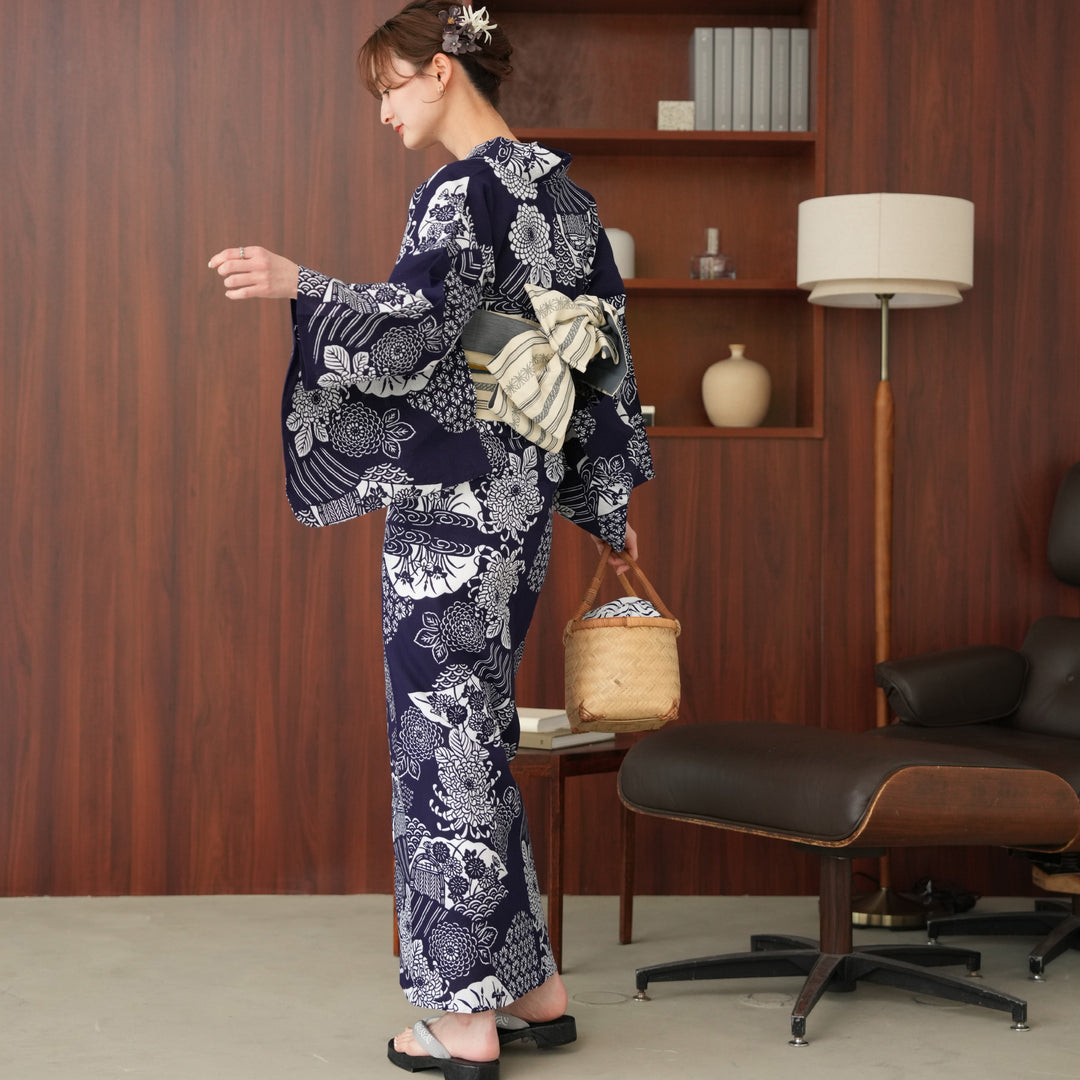 utatane × 注染工房 浴衣3点セット ( ゆかた・帯・下駄 ) 藍色に