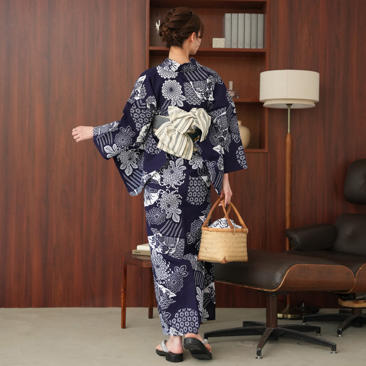 藍染ゆかた 浴衣 美術サロン 藍捺染 変わり七宝 藍 紺 白 知多木綿 綿麻