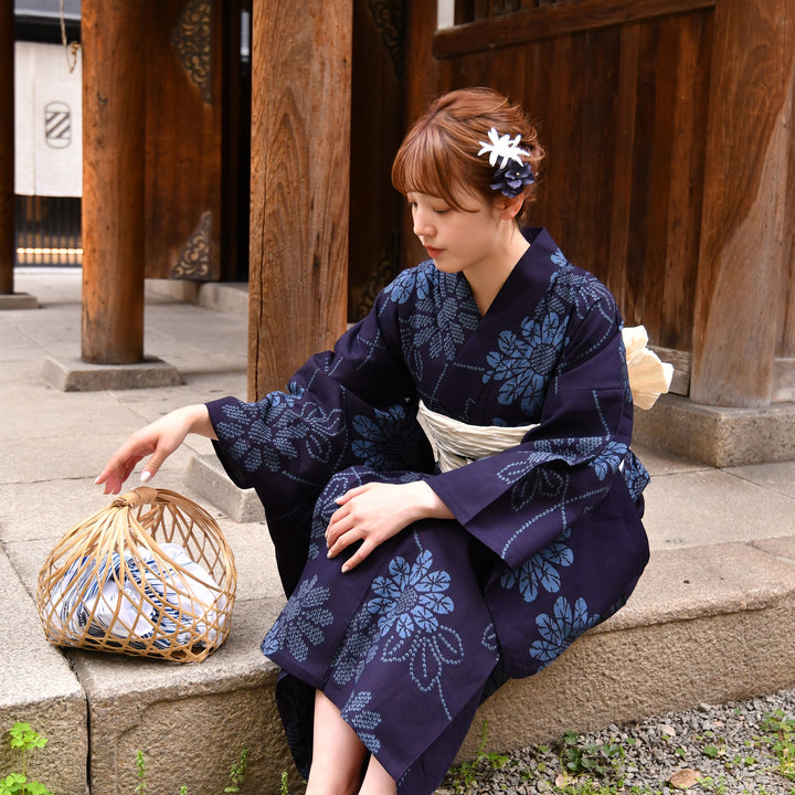 綿　浴衣　紺色に扇　注染 utatane × 注染工房 浴衣3点セット ( ゆかた・帯・下駄 ) 赤坂紬