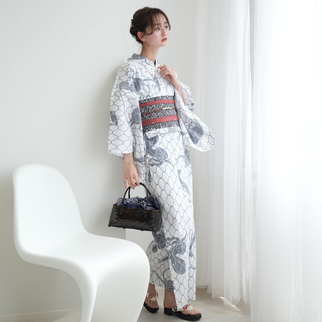 奈良の職人さんの手染め浴衣 3点セットきなりにグレーの網と海老たこ