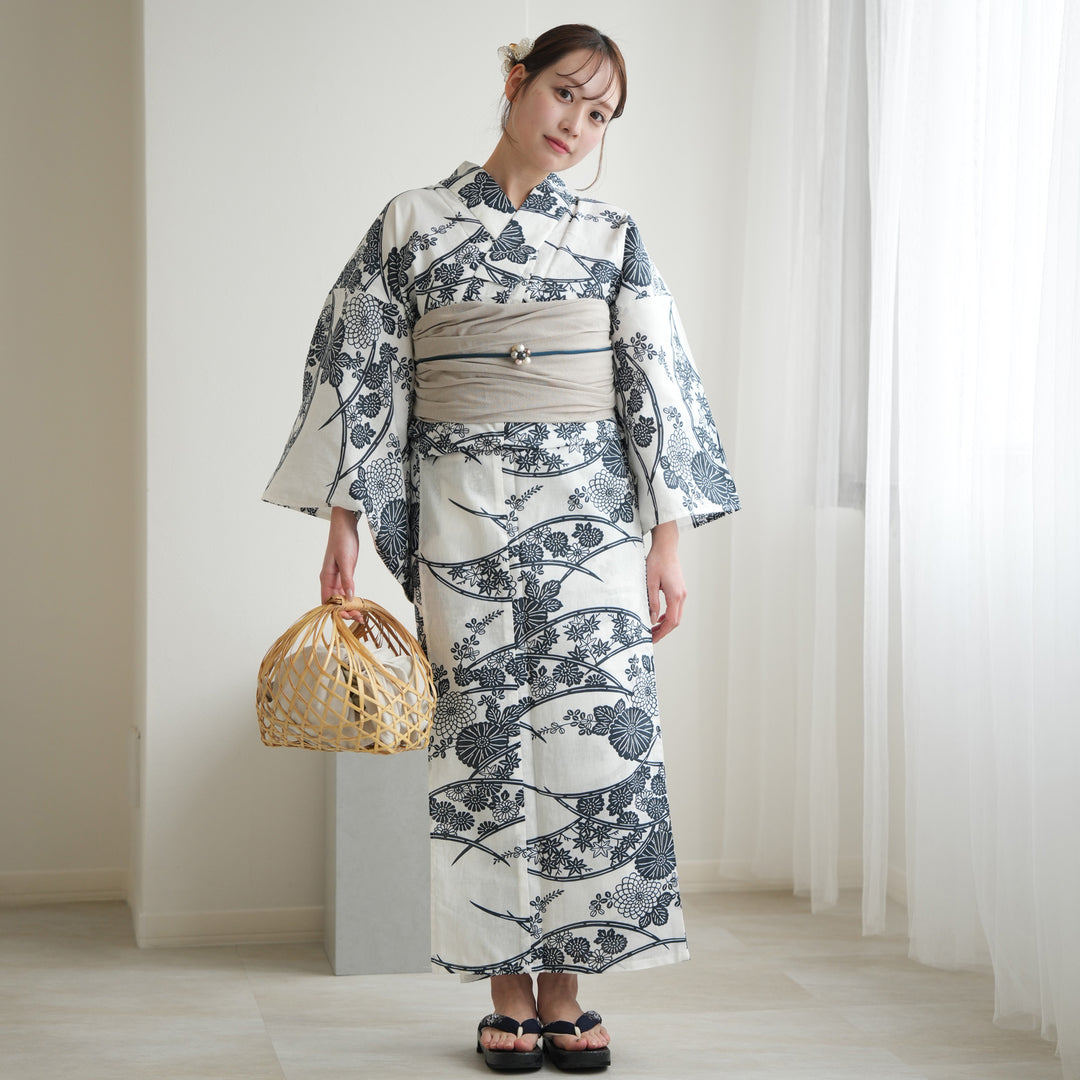 utatane 高級変わり織 浴衣3点セット（ゆかた・帯・下駄）白地に