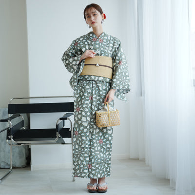 【utatane 高級変わり織 浴衣3点セット（ゆかた・作り帯・下駄）グリーンの広がる菊】作り帯セット フリーサイズ 国産生地 国内染色 （5010235512）