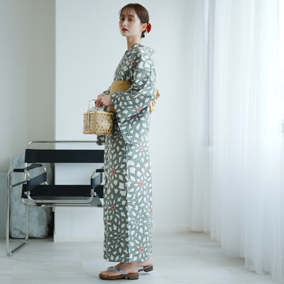 【utatane 高級変わり織 浴衣3点セット（ゆかた・作り帯・下駄）グリーンの広がる菊】作り帯セット フリーサイズ 国産生地 国内染色 （5010235512）