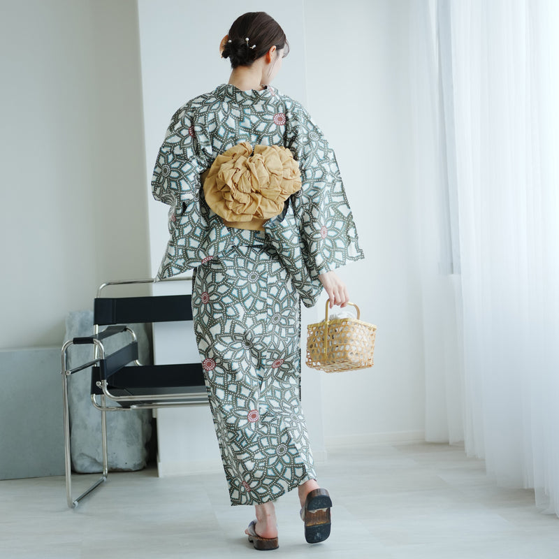 【utatane 高級変わり織 浴衣3点セット（ゆかた・作り帯・下駄）グリーンの広がる菊】作り帯セット フリーサイズ 国産生地 国内染色 （5010235512）