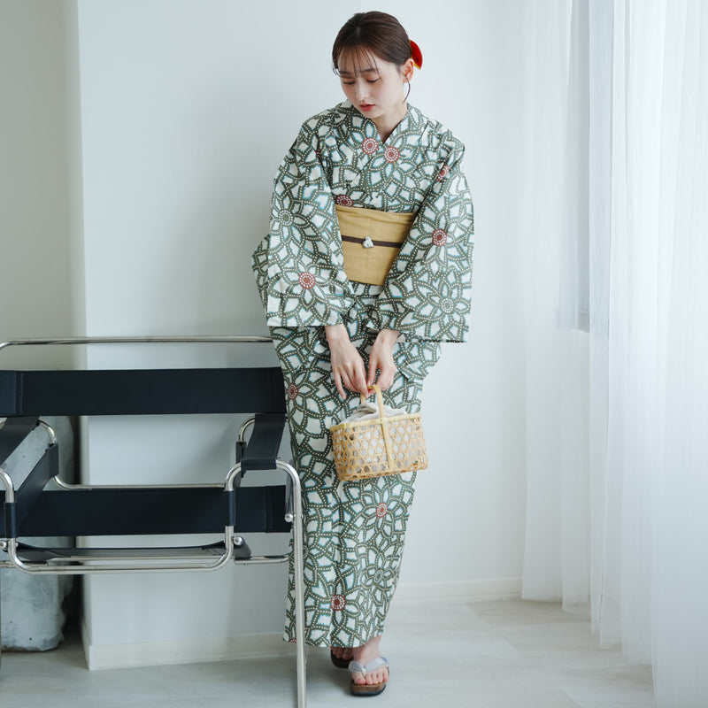 【utatane 高級変わり織 浴衣3点セット（ゆかた・作り帯・下駄）グリーンの広がる菊】作り帯セット フリーサイズ 国産生地 国内染色 （5010235512）
