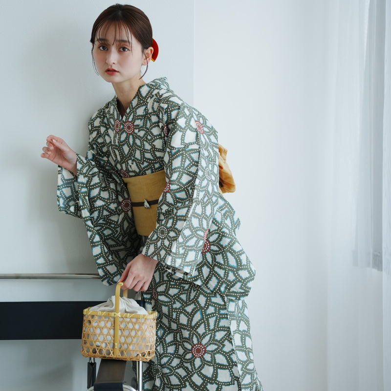 【utatane 高級変わり織 浴衣3点セット（ゆかた・作り帯・下駄）グリーンの広がる菊】作り帯セット フリーサイズ 国産生地 国内染色 （5010235512）