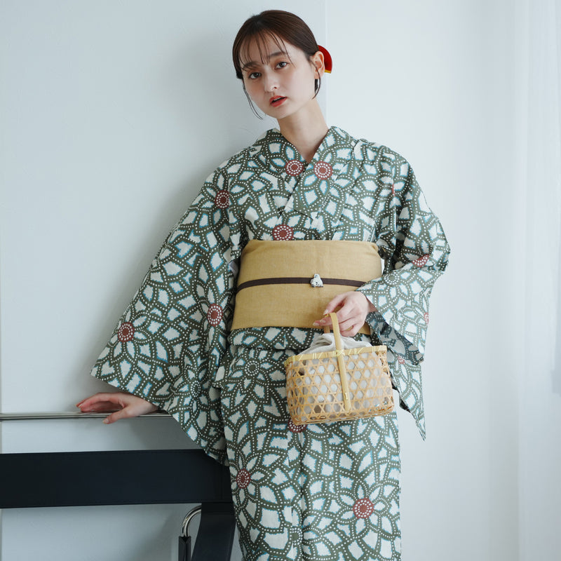 【utatane 高級変わり織 浴衣3点セット（ゆかた・作り帯・下駄）グリーンの広がる菊】作り帯セット フリーサイズ 国産生地 国内染色 （5010235512）