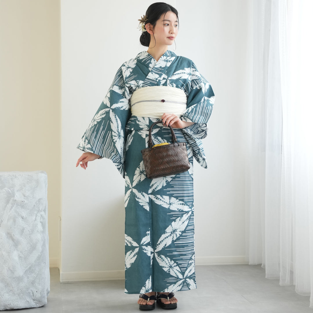 utatane 高級変わり織 浴衣3点セット ( ゆかた・帯・下駄 ) 鈍青の七宝