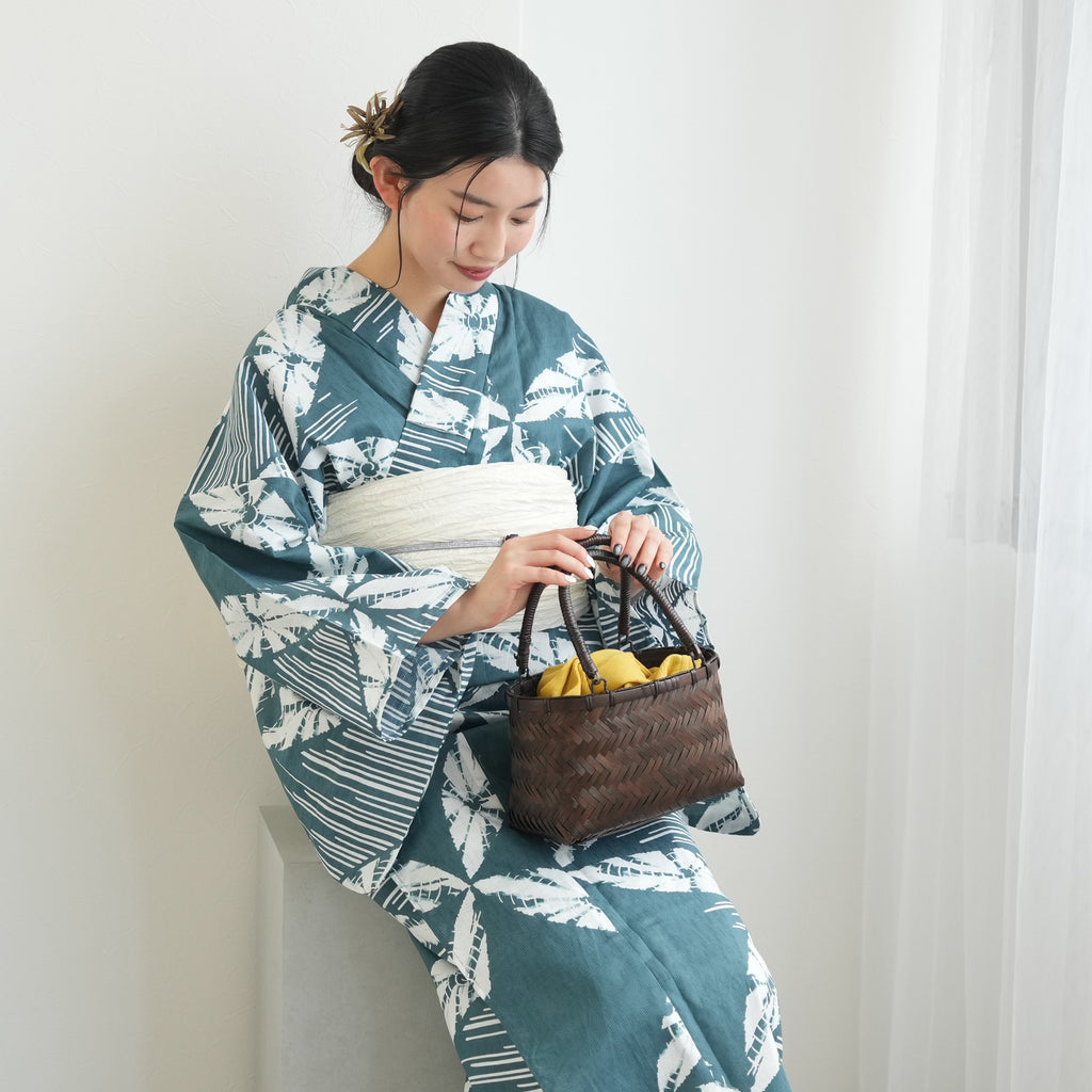 utatane 高級変わり織 浴衣3点セット ( ゆかた・帯・下駄 ) 鈍青の七宝