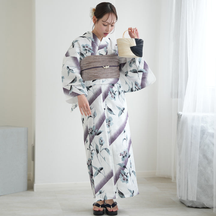 お任せ下駄つき◆和歌山染め日本生地◆紫の霧ぼかし花浴衣◆変わり織り お任せ下駄つき◇和歌山染め日本生地◇紫の霧ぼかし花浴衣