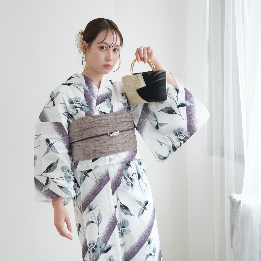 お任せ下駄つき◆和歌山染め日本生地◆紫の霧ぼかし花浴衣◆変わり織り お任せ下駄つき◇和歌山染め日本生地◇紫の霧ぼかし花浴衣