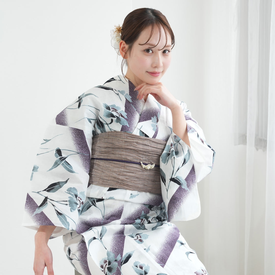 utatane 高級変わり織 浴衣3点セット ( ゆかた・帯・下駄 ) 紫の