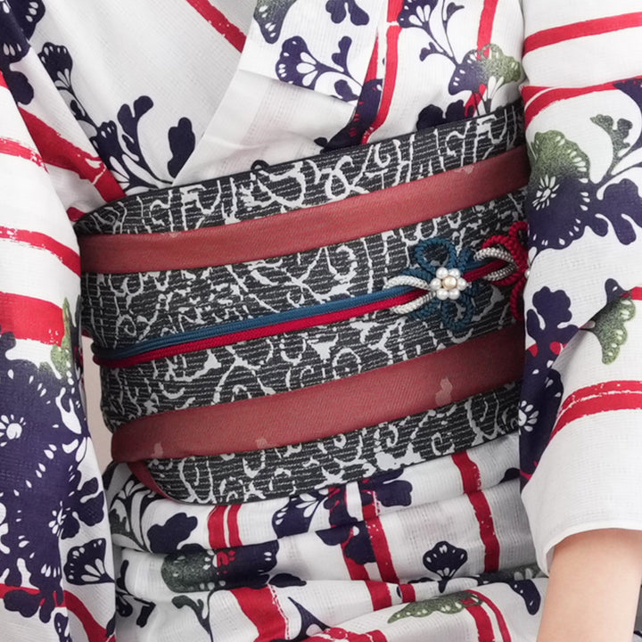 Utatane×ニコアンティーク 新品 三点セット(帯・下駄) 　 個性派 ニコアンティーク 高級変わり織 浴衣3点セット ( ゆかた・帯