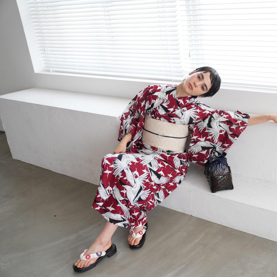 ニコアンティーク 高級変わり織 浴衣3点セット　美し鶴の音 ニコアンティーク 高級変わり織 浴衣3点セット ( ゆかた・帯