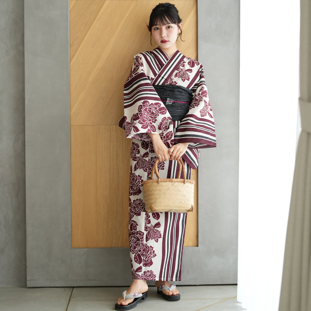 ニコアンティーク 高級変わり織 浴衣3点セット 大正浪漫えんじ縞と牡丹の染分け ニコアンティーク 高級変わり織 浴衣3点セット ( ゆかた・帯