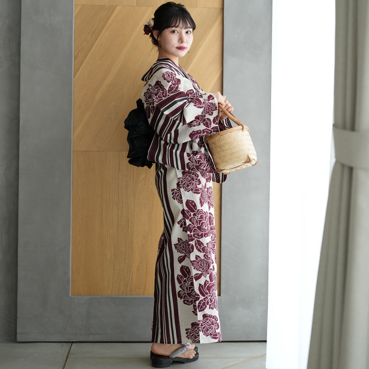 お任せ下駄+帯締つき◆日本生地◆えんじの大正浪漫矢絣と菊浴衣◆ お任せ下駄+帯締つき◇日本生地◇えんじの大正浪漫矢絣