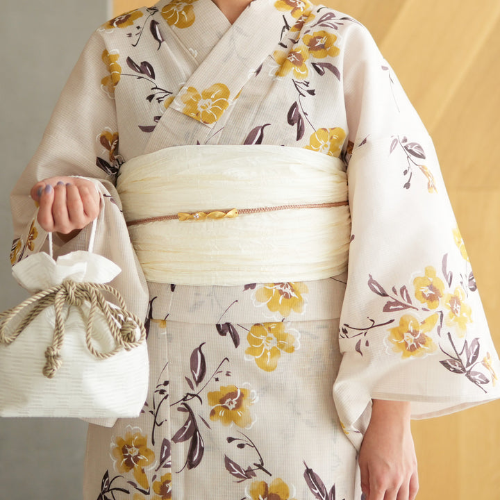 下駄なし◆ひよこ商店 高級変わり織 浴衣3点セット クリームに黄色の花と実 utatane｜ひよこ商店 高級変わり織 浴衣3点セット クリームに