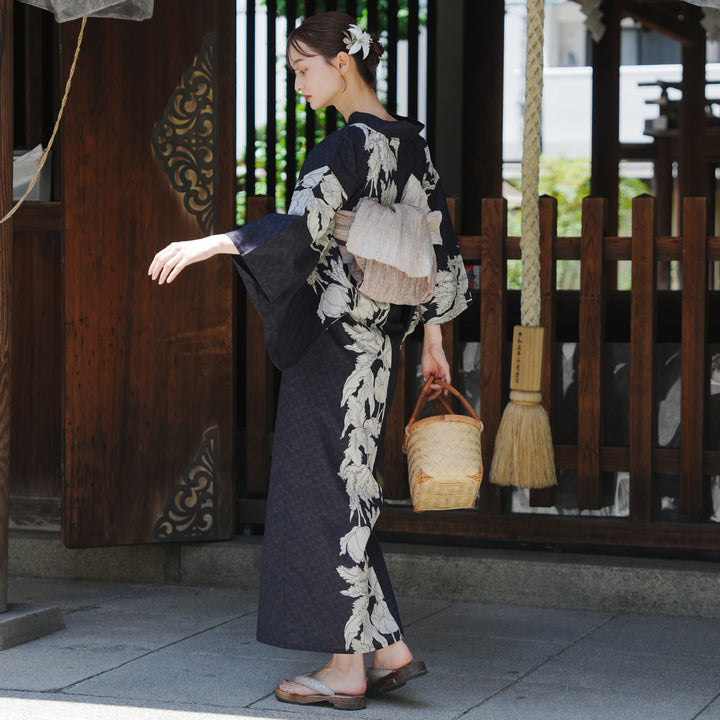utatane 高級変わり織 浴衣3点セット ( ゆかた・帯・下駄 ) 粋紺市松に