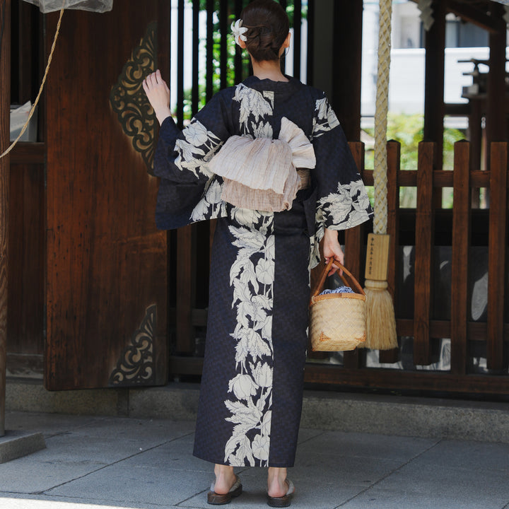 utatane 高級変わり織 浴衣3点セット ( ゆかた・帯・下駄 ) 粋紺市松に