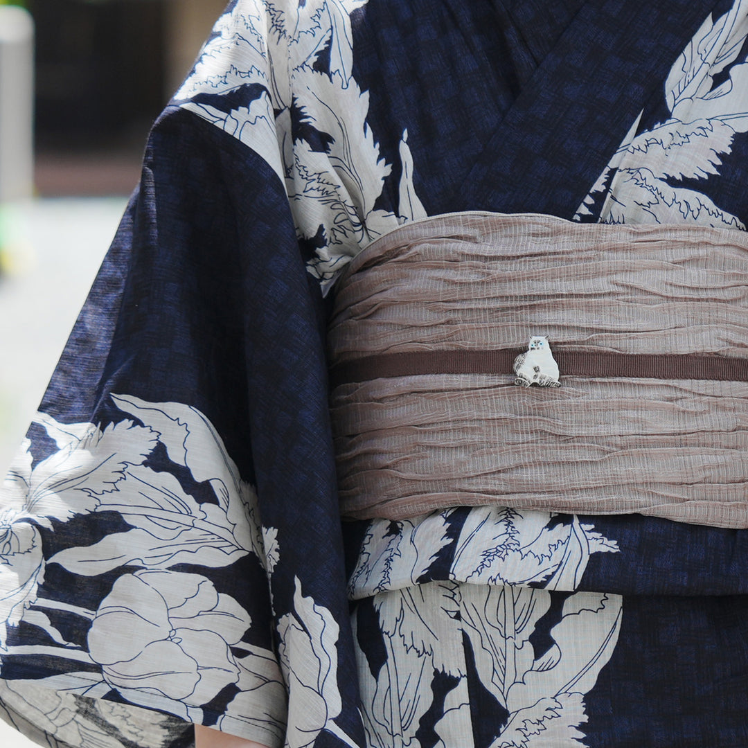 新品　浴衣　utatane 紺　下駄　帯　粋紺市松にチューリップ utatane 高級変わり織 浴衣3点セット ( ゆかた・帯・下駄 ) 粋紺市松に