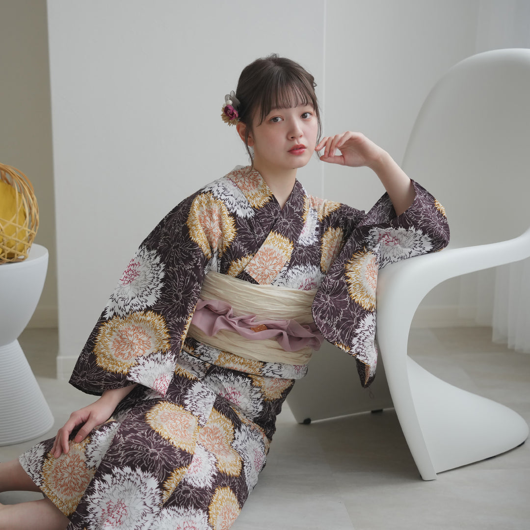 utatane 高級変わり織 浴衣3点セット ( ゆかた・帯・下駄 ) 紫茶