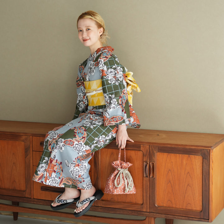 ニコアンティーク 高級変わり織 浴衣3点セット ( ゆかた・帯・下駄  