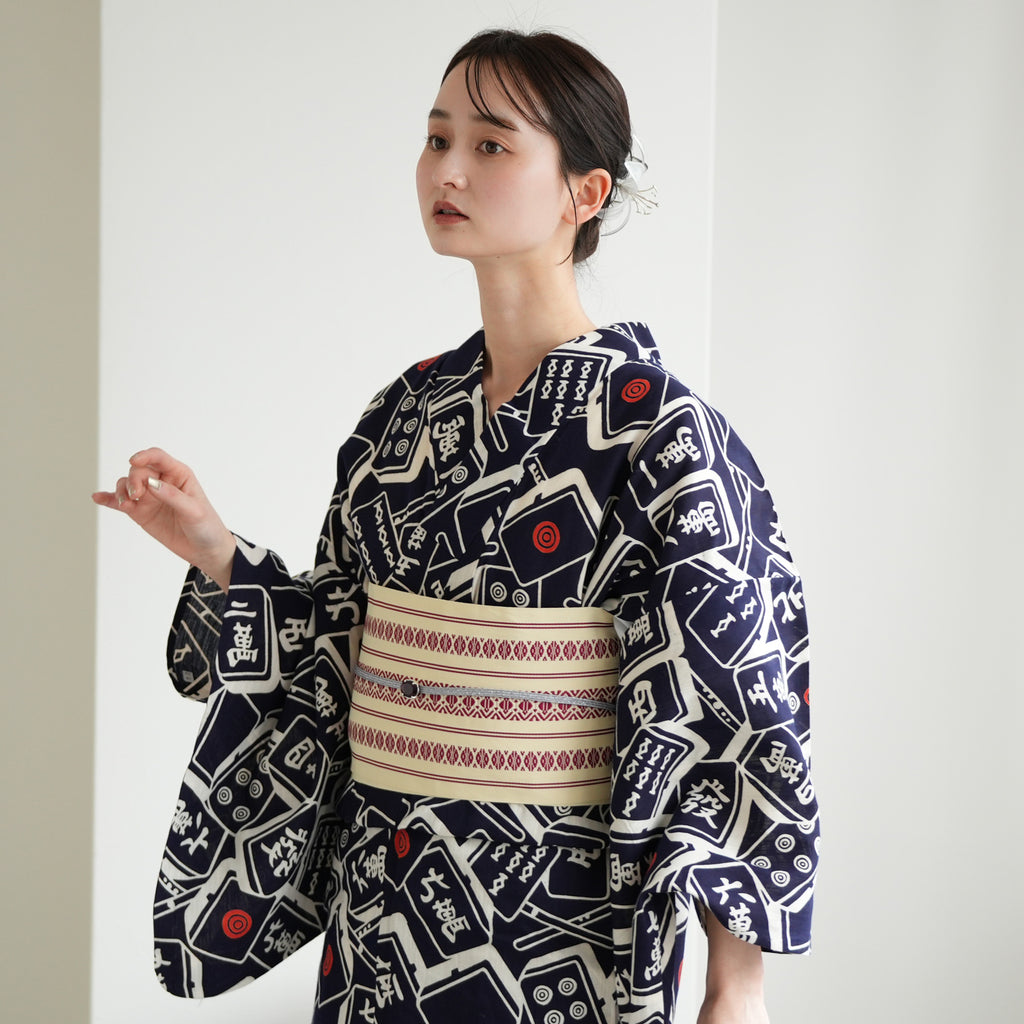 utatane×注染工房 浴衣3点セット（ゆかた・帯・下駄）紺地の麻雀牌